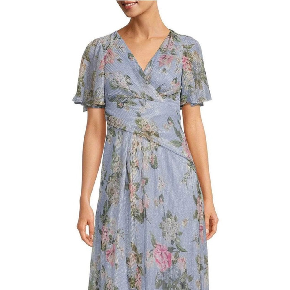 NWT Adrianna Papell Blue Metallic Floral Printed Gown Size 6